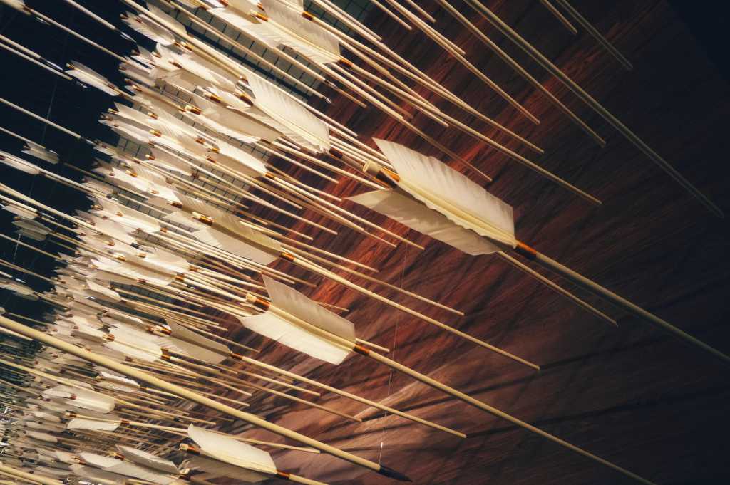 A multitude of arrows pierce a target. [numerous attacks / quantity / severity]