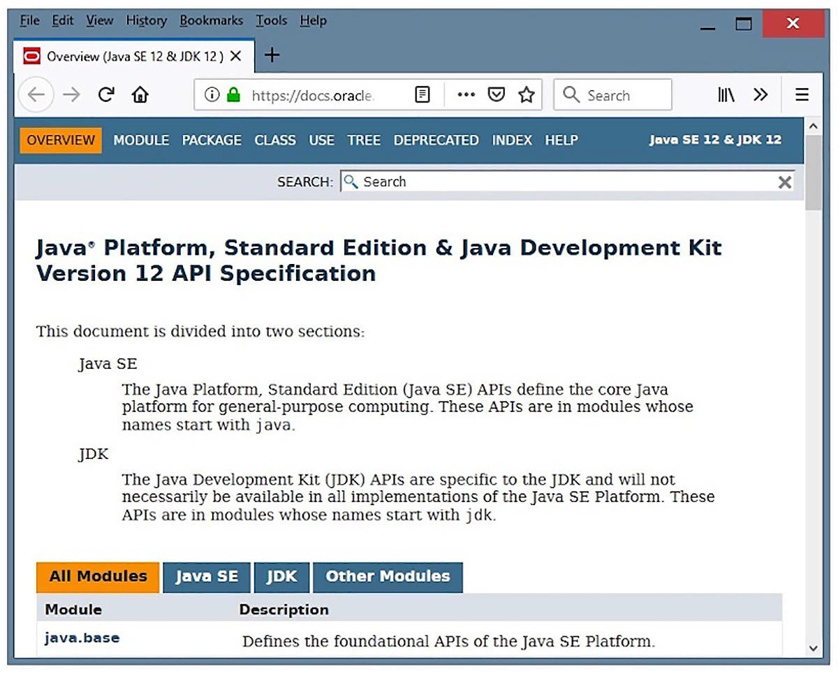 Screenshot of JDK 12 runtime library API documentation