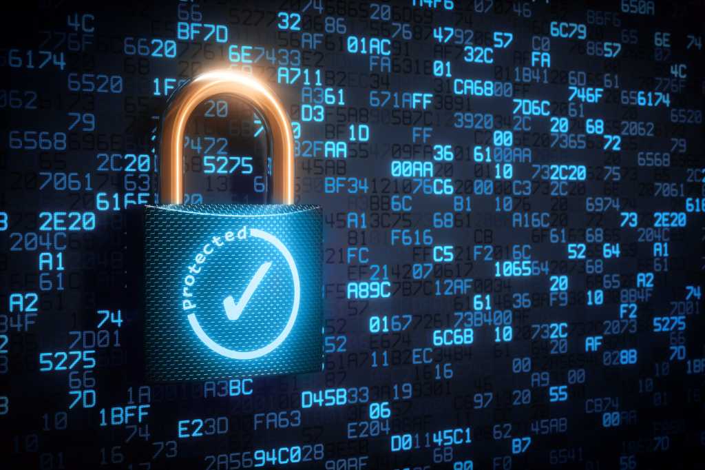 A protected padlock with checkmark amid a field of abstract data.