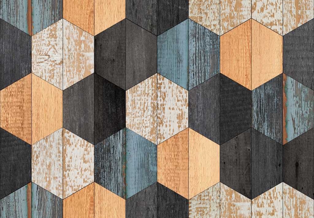 Weathered wood texture background. Colorful seamless wooden wall with hexagonal pattern made of barn